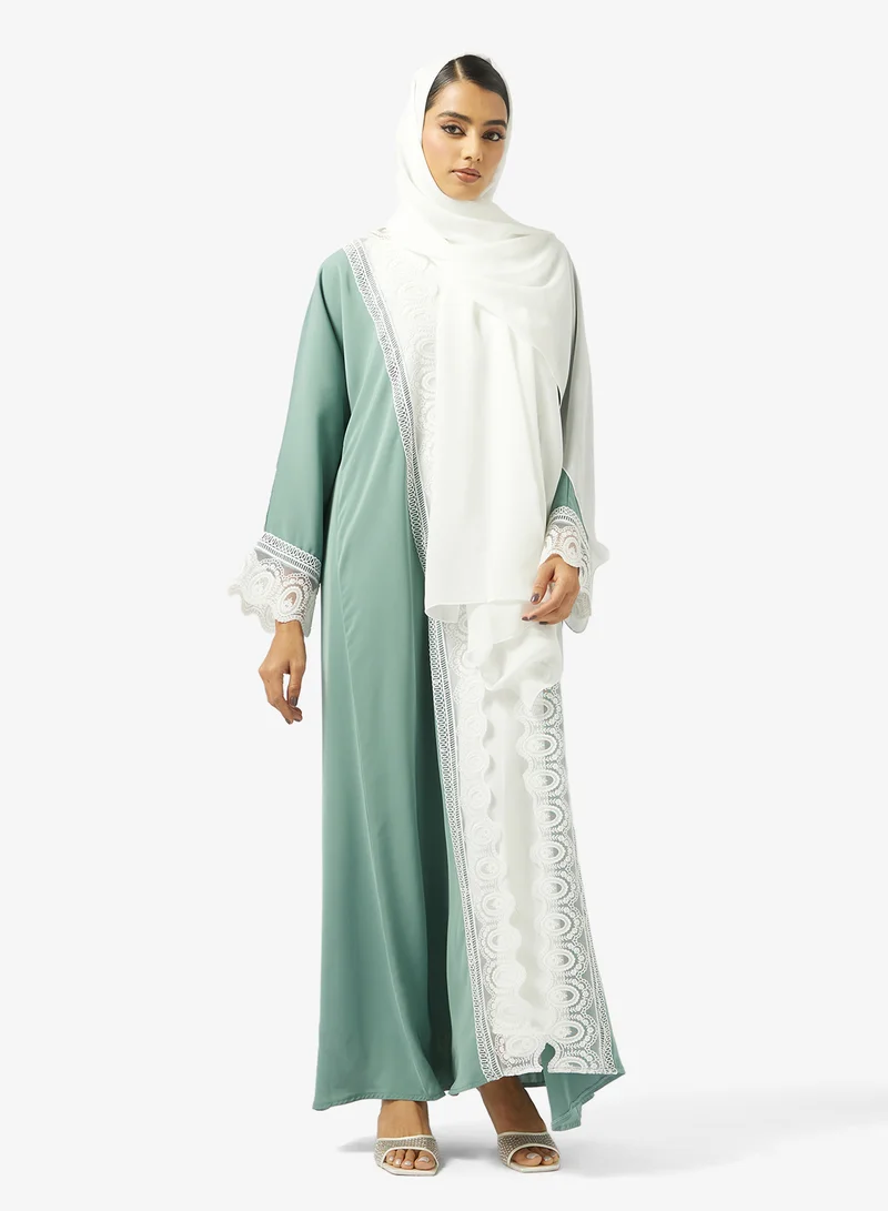 hayas closet Floral Lace Detailed Open Front Abaya
